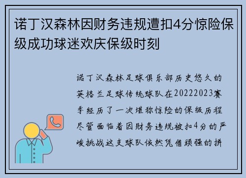 诺丁汉森林因财务违规遭扣4分惊险保级成功球迷欢庆保级时刻 诺丁汉森林因财务违规遭扣4分惊险保级成功球迷欢庆保级时刻